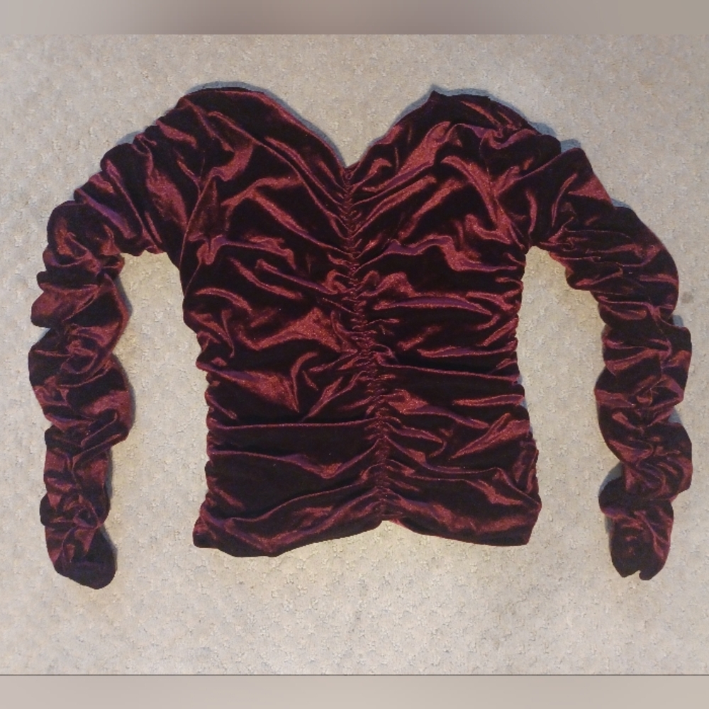 Women's Vintage 90s Ruched Burgandy Stretch Velvet Top